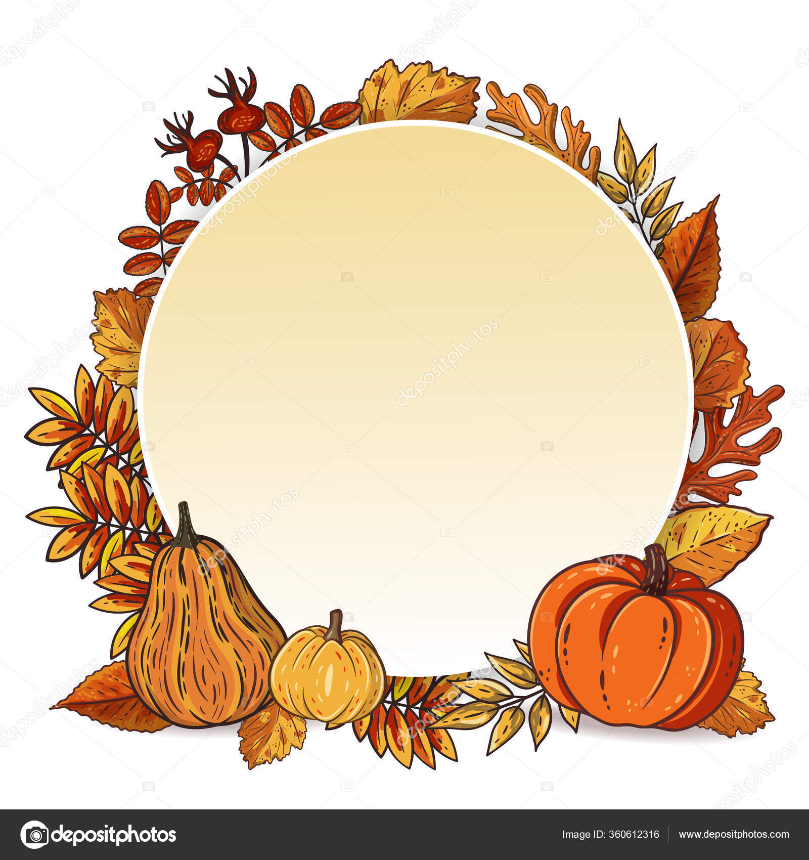 手描きの葉やカボチャと秋の背景 秋の季節のポスターテンプレート秋の色で 感謝祭の日には 収穫祭のバナー ベクターイラスト ストックベクター  ©Alenika 360612316, image size:1600x1700