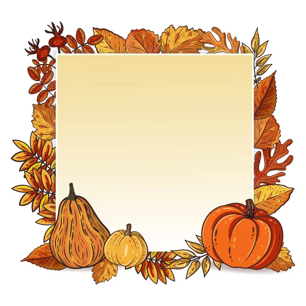 Autumn Background Hand Drawn Leaves Pumpkins Autumn Seasonal Poster Template — Stock Vector