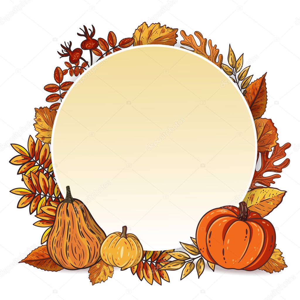 Autumn background with hand drawn leaves and pumpkins. Autumn seasonal poster template in fall colors. For Thanksgiving day, harvest festival banner. Vector illustration