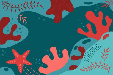 Deniz hayatı mercanlar ve deniz yıldızlarıyla dolu. Afişler, afişler, kartlar, reklamlar, blog ve sosyal medya paylaşımları için vektör illüstrasyon tasarımı. Soyut arkaplan