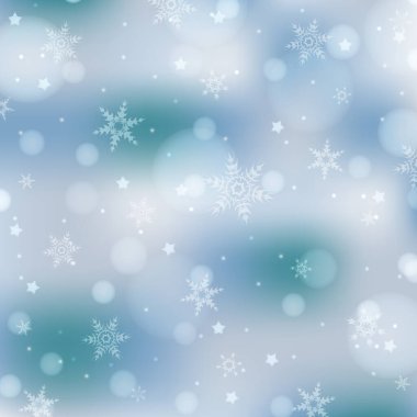Açık mavi kış arka planında kar taneleri, ışıklar ve yıldızlar var. Afiş, poster, kart, duvar kağıdı için açık mavi ve beyaz renklerde soyut bir arkaplan. Noel için uygun, yeni yıl için. EPS 10