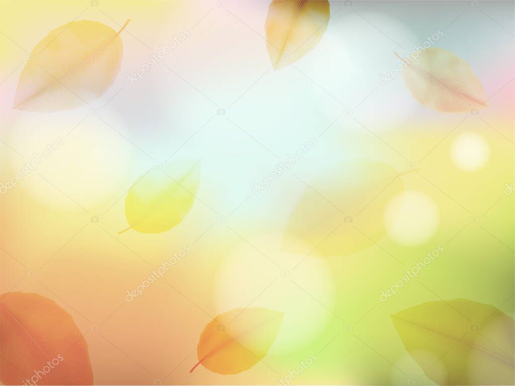 Autumn background blur with leaf fall. Abstract light rectangular background in blue, yellow, orange and brown tones for poster, card, postcard, banner, wallpaper. Vector EPS 10
