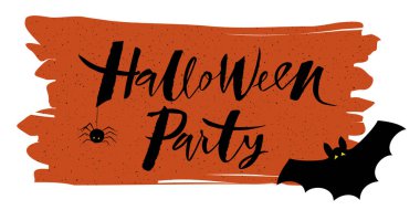 Cadılar Bayramı partisinin el yazısı vektör harfleri. Modern kaba el yazısı. Yarasa ve örümcekli turuncu arka plan. Davetiye, poster, kart, kartpostal, afiş, etiket için tebrikler. EPS 10