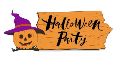 Cadılar Bayramı partisinin el yazısı vektör harfleri. Mor şapkalı Cadılar Bayramı kabağı ve yazılı yol tabelası. Cadılar Bayramı partisi davetiyesi, poster, kart, kartpostal, afiş, etiket, bilet. EPS 10