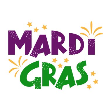 Mardi Gras mor ve yeşil metinlerde yıldızlar ve havai fişekler. Amerikan New Orleans Şişko Salı posteri, tebrik kartı. Sidney Mardi Gras geçit töreni. Maskeli karnaval harfleri. Vektör illüstrasyonu.