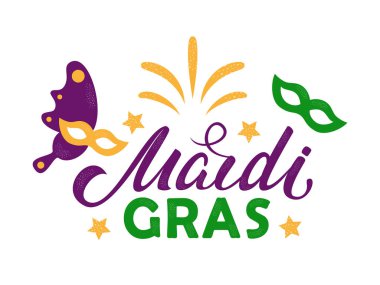 Mardi Gras mor ve yeşil metin maskeli ve havai fişekli. Amerikan New Orleans Şişko Salı posteri, tebrik kartı. Sidney Mardi Gras geçit töreni. Karnaval harfleri. Vektör illüstrasyonu.