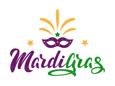 Mardi Gras mor ve yeşil metin maskeli ve havai fişekli. Amerikan New Orleans Şişko Salı posteri, tebrik kartı. Sidney Mardi Gras geçit töreni. Karnaval harfleri. Vektör illüstrasyonu.