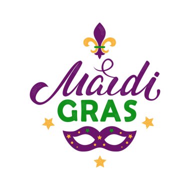 Mardi Gras mor ve yeşil metin maskeli ve fleurs-de-lis. Amerikan New Orleans Şişko Salı posteri, tebrik kartı. Sidney Mardi Gras geçit töreni. Karnaval harfleri. Vektör illüstrasyonu.