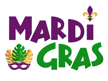 Mardi Gras mor ve yeşil metin maskeli ve fleurs-de-lis. Amerikan New Orleans Şişko Salı posteri, tebrik kartı. Sidney Mardi Gras geçit töreni. Karnaval harfleri. Vektör illüstrasyonu.