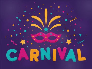 Mor, mavi ve sarı renkli maskeli ve havai fişekli karnaval metni. Venedik karnavalı, Mardi Gras, Brezilya karnavalı. Brezilya 'da popüler bir etkinlik. Renkli parti unvanlarıyla karnaval unvanı. Vektör illüstrasyonu
