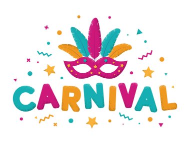 Mor, mavi ve sarı renkli maskeli karnaval metni. Venedik karnavalı, Mardi Gras, Brezilya karnavalı. Brezilya 'da popüler bir etkinlik. Renkli parti unvanlarıyla izole edilmiş karnaval unvanı. Vektör illüstrasyonu