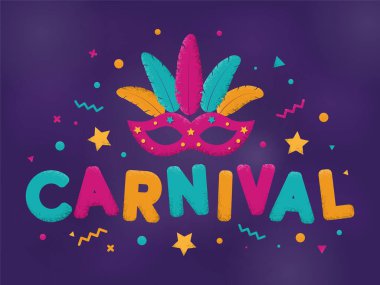 Mor, mavi ve sarı renkli maskeli karnaval metni. Venedik karnavalı, Mardi Gras, Brezilya karnavalı. Brezilya 'da popüler bir etkinlik. Renkli parti unvanlarıyla Karnaval unvanı