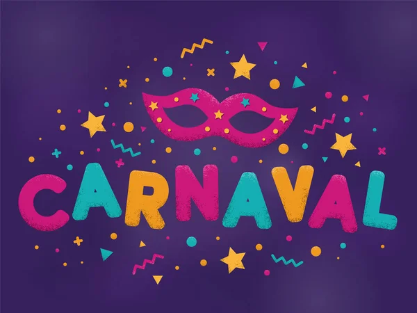 Mor, mavi ve sarı renkli, maskeli ve havai fişekli karnaval metni. Venedik karnavalı, Mardi Gras, Brezilya karnavalı. Brezilya 'da popüler bir etkinlik. Renkli parti unvanlarıyla karnaval unvanı. Vektör illüstrasyonu