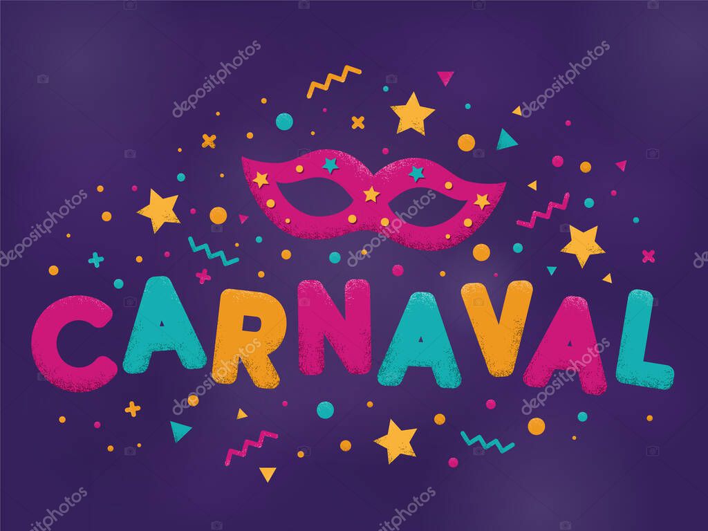 Carnival purple, blue and yellow text with decorated masquerade mask and firework. Venetian carnival, Mardi Gras, Brazil carnaval. Popular Event in Brazil. Carnaval title with colorful party elements. Vector illustration