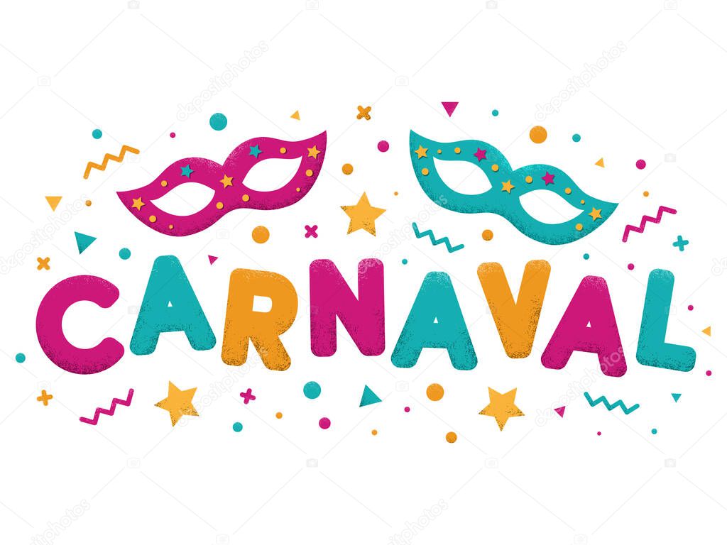 Carnival purple, blue and yellow text with decorated masquerade masks. Venetian carnival, Mardi Gras, Brazil carnaval. Popular Event in Brazil. Carnaval title with colorful party elements. Vector illustration