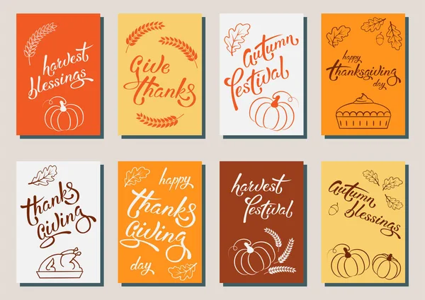 Set of thanksgiving greeting cards for holiday design with lettering, pumpkins, oak leaves, turkey, pumpkin pie, wheat ears. Suitable for postcard, banner, icon, logo, banner, tag, bag. EPS 8