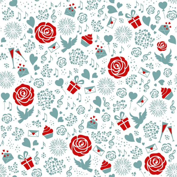 Valentines day seamless pattern. Love sign background with roses, pigeons, hearts, letters, gift boxes, music in red and blue tones. Vector for greeting  card, wrapping paper, textile, banner