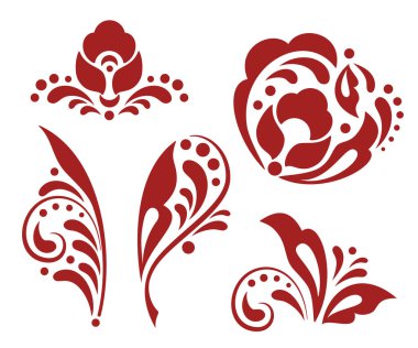 Geleneksel Rus halk tarzında çiçek tasarım elementleri. Monokrom hohloma dekorasyon elementleri. Yapraklı, çiçekli, dutlu Etnik çiçek süsü. Dekorasyon ve tasarım için izole vektör ögeleri. 