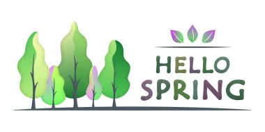 Merhaba bahar - bahar ormanı ile yaratıcı konsept. Yarı düz tasarım. Tebrik kartı, poster, afiş, web siteleri, ikon, logo, baskı, kartlar ve etiketler için, sosyal medya. Vektör illüstrasyonu