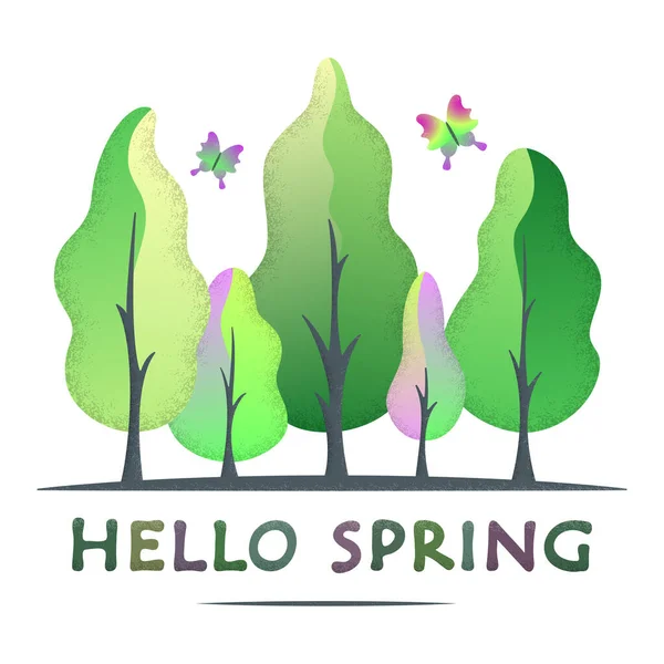 Привіт Весняна Креативна Концепція Весняним Тоном Лісу Напівплоский Дизайн Вітальних — стоковий вектор