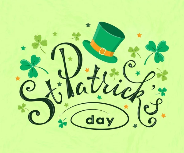 Patrick Day Poster Leprechaun Green Hat Cloverleafs Stars Lettering Text — Stock Vector