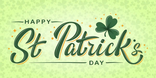 Happy Patrick Day Belettering Poster Met Groene Shamrock Oranje Sterren — Stockvector