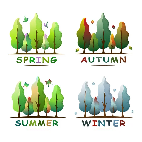 Set of four seasons forest landscape. Ecology concept. Spring, summer,  autumn and winter. For social media, web pages, banner, poster, education materials. Flat isolated vector illustration.