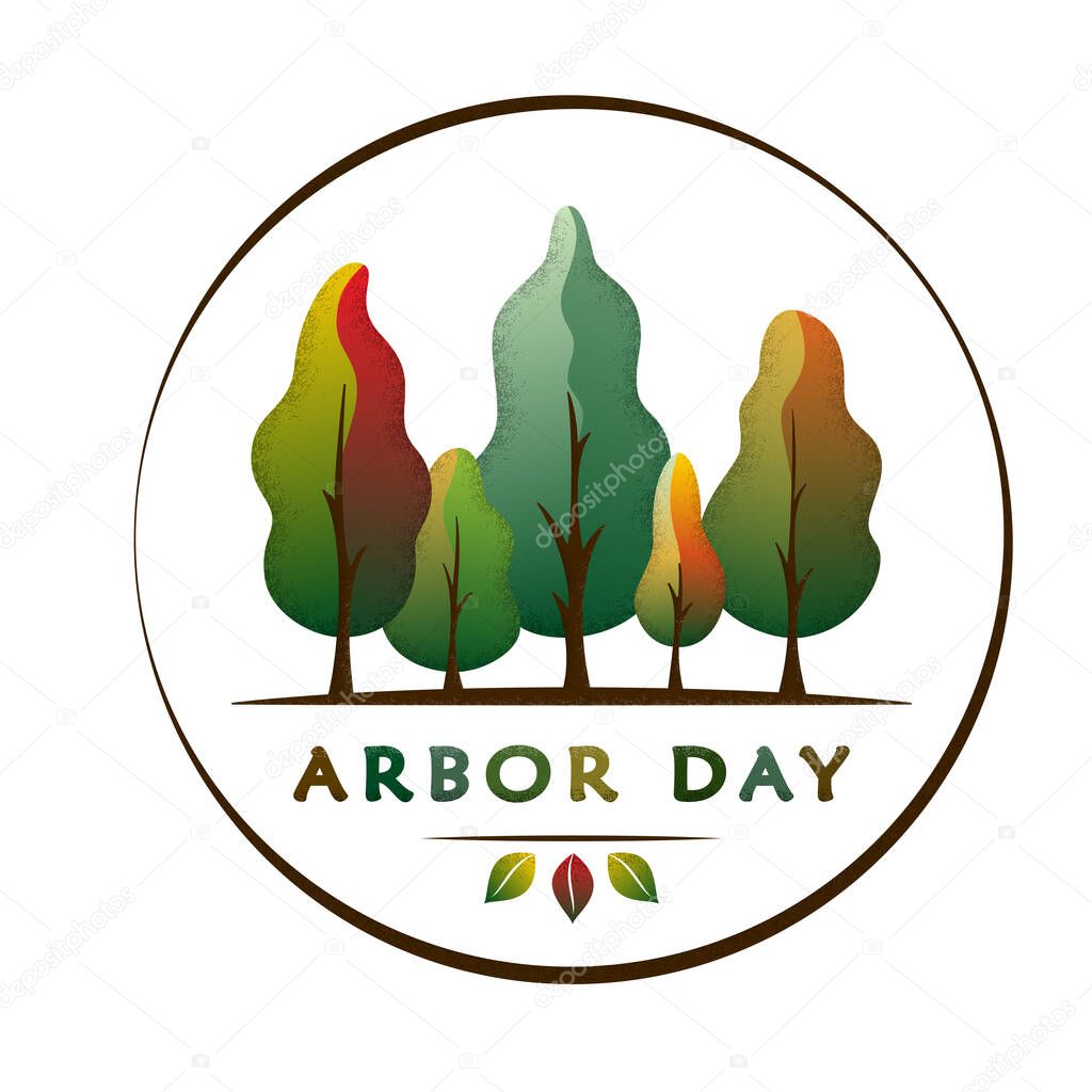 National Arbor Day text - creative concept with forest in circle. Suitable for greeting card, poster and celebration banner, icon, logo, greetings, print, cards, and labels.  Vector illustration