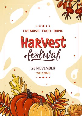 Balkabakları, yapraklar ve el yazması harflerle festival şablonunu hasat edin. Poster, afiş, davetiye, el ilanı, kart için tasarım. Şükran Günü veya hasat festivali veya pazar vektör illüstrasyonu