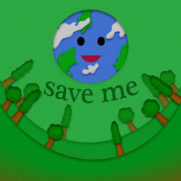 地球を救う図 顔と木を持つ地球 紙の質感とテキストを持ついくつかの段ボール — ストック写真