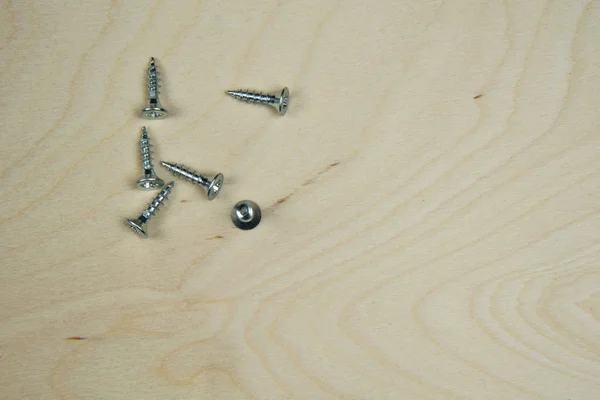 Silver Screws Wooden Panel Screws Photo — Stock Photo, Image