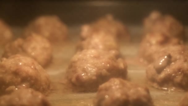 Мясные фрикадельки и котлеты жарят в духовке — стоковое видео