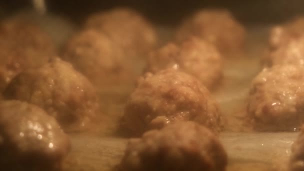 М'ясні кульки і котлети обсмажуються в духовці — стокове відео
