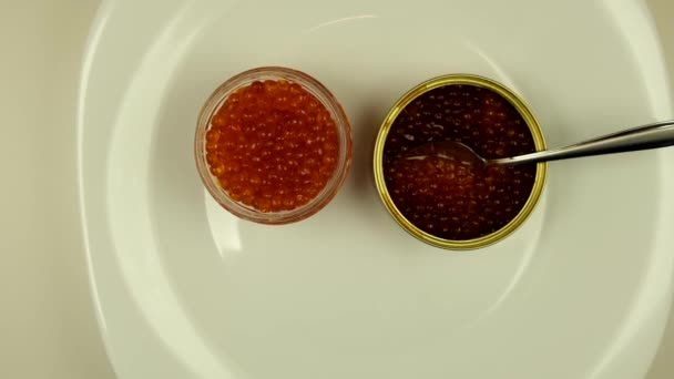 Pots de caviar rouge tourner sur une plaque. La vue du haut. Gros plan. Macro . — Video