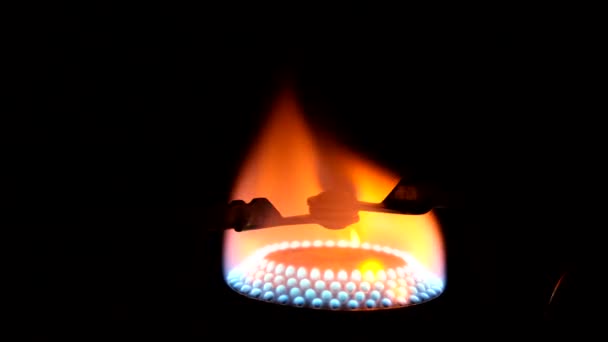 Blue Red Flame Portable Gas Camping Burner Close — Stock Video