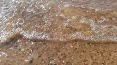 Sakin deniz dalgaları kumlu sahilde yuvarlanıyor. Yavaş çekim.