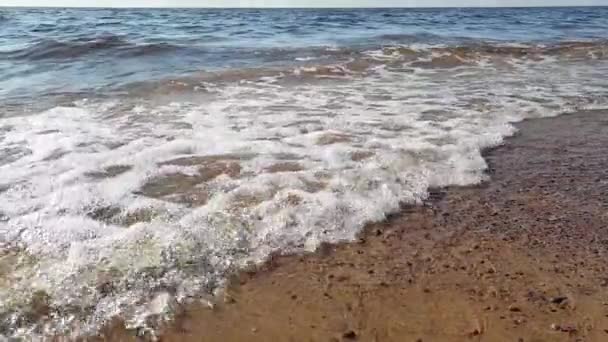 Песчаном Берегу Катятся Спокойные Морские Волны Медленное Движение — стоковое видео