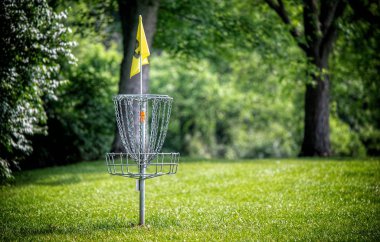 Yeşil çimlerin üzerinde arka planda ağaçlar olan bir disk golf deliği..