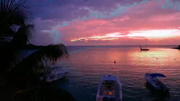 Napnyugta Felett Hajók Strand Roatan Sziget Nicaragua — Stock videók
