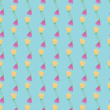 Mor ve sarı çiçekler, açık mavi çizim vektöründe pürüzsüz desen.