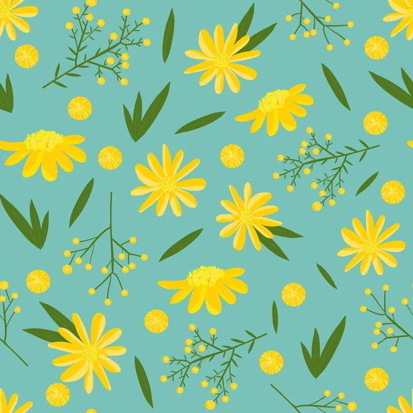 Vector Wild Daisy Illustration ve Leaves tekrarlayan kusursuz desen. Kumaş, duvar kâğıdı ve koleksiyon defteri için mükemmel..