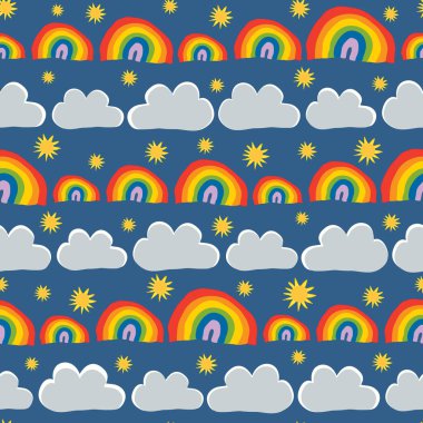 Gökkuşağı Gökyüzü ve Bulutlar Kusursuz Vektör Deseni. Albüm, duvar kağıdı ve kumaş koleksiyonu için mükemmel..