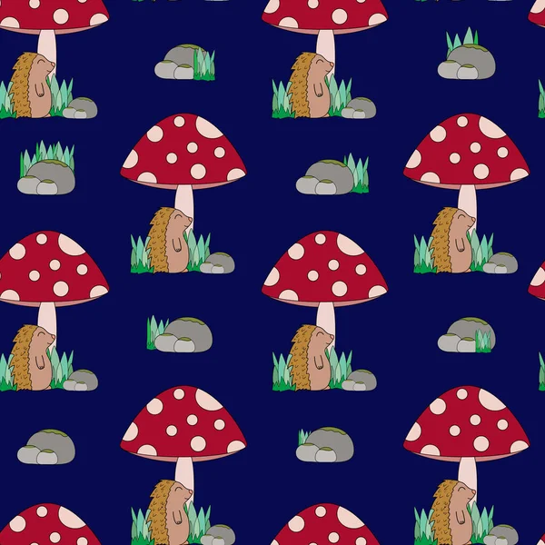 Tatlı kirpi ve mantarlarla kusursuz çocuksu bir düzen. Kumaş, ambalaj, tekstil, duvar kâğıdı ve giysi için yaratıcı ağaçlık çocuk dokusu. Vektör illüstrasyonu