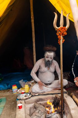 Prayagraj, Uttar Pradesh, Hindistan - Şubat 2019: Hint naga sadhu Hindu ayinine hazırlanıyor - Kumbh Mela Fair.
