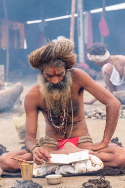 Prayagraj, Uttar Pradesh / Hindistan - Şubat 2019: Kamplarında meditasyon sırasında Naga Baba 'nın portresi çekilmiştir ve Hindu festivalinde müritlere kutsanmıştır.