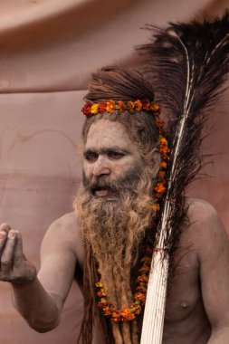 Prayagraj, Uttar Pradesh, Hindistan - Şubat 2019: Hint naga sadhu Hindu ayinine hazırlanıyor - Kumbh Mela Fair.