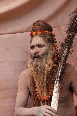 Prayagraj, Uttar Pradesh, Hindistan - Şubat 2019: Hint naga sadhu Hindu ayinine hazırlanıyor - Kumbh Mela Fair.