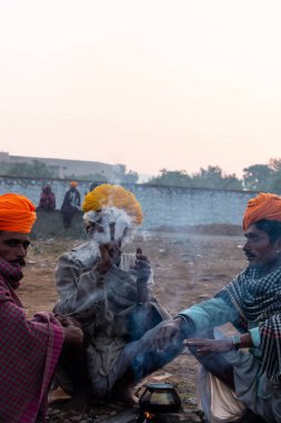 Pushkar, Rajasthan / India - November 2019 : Rajasthan people smoking chilam in group at pushkar fair ground with camels in background