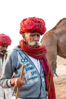 Pushkar, Rajasthan / India - November 2019 : Portrait of rajasthani camel owner/trader in colorful turban and white dress with big mustache participating in camel trading fair