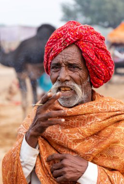 Pushkar, Rajasthan / Hindistan - Kasım 2019: Pulkar deve fuarı. 